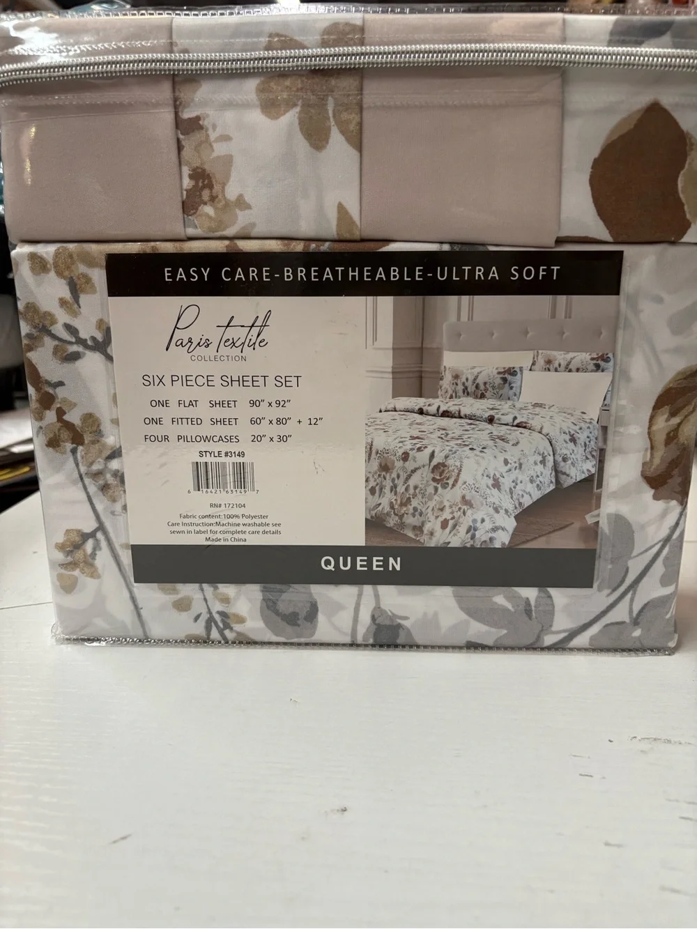 Paris Textile 1800 Six Piece Queen Sheet Set - Floral Taupe & Gray